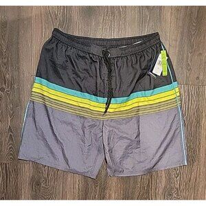 Burnside Boardshorts Mens XL Swim Trunks Mesh Lined Pockets Black Yellow‎ Stripe